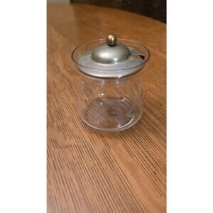 Etched Glass Mustard Jar Condiment Pot Metal Lid Starburst Pattern Small
